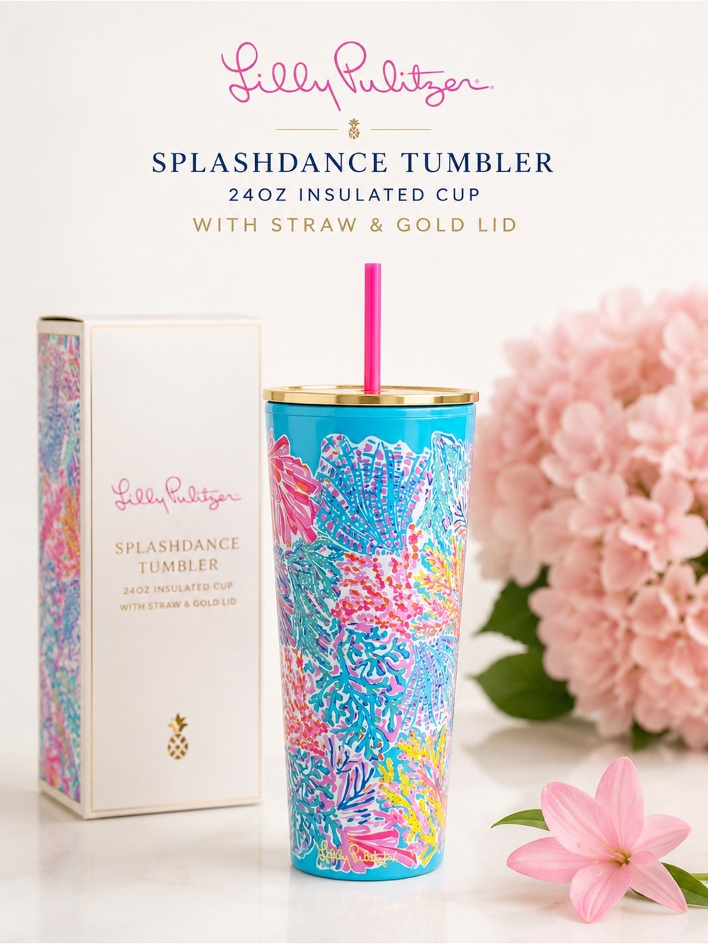 Lilly Pulitzer Splashdance 24oz Insulated Tumbler Gold Lid BNIB